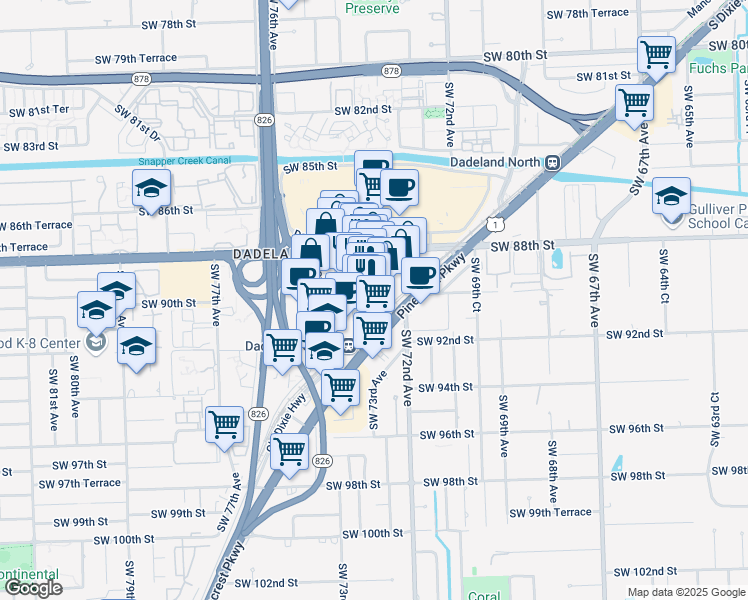 map of restaurants, bars, coffee shops, grocery stores, and more near 8905 Dadeland Boulevard in Kendall