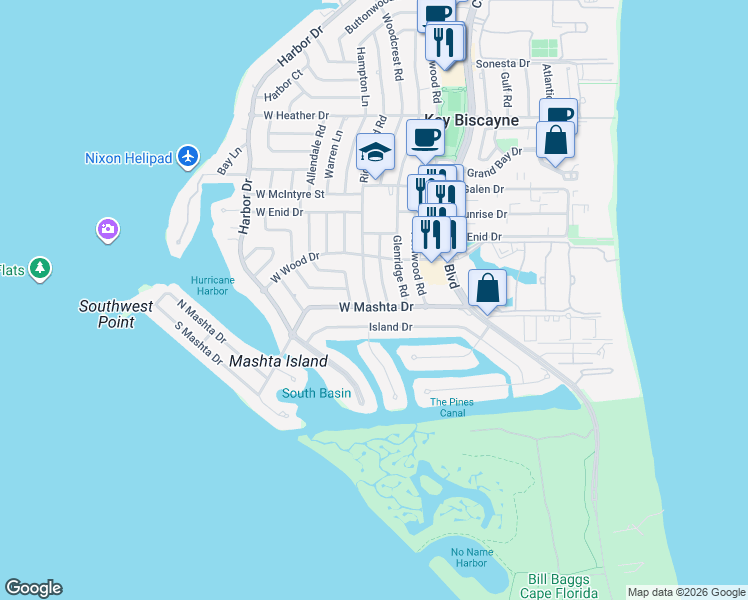 map of restaurants, bars, coffee shops, grocery stores, and more near 760 Ridgewood Road in Key Biscayne