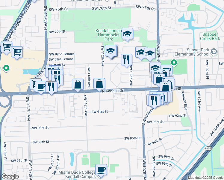 map of restaurants, bars, coffee shops, grocery stores, and more near 11123 Florida 94 in Miami