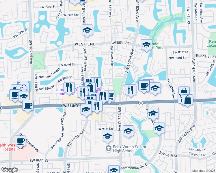 map of restaurants, bars, coffee shops, grocery stores, and more near 8430 Southwest 154th Circle Court in Miami