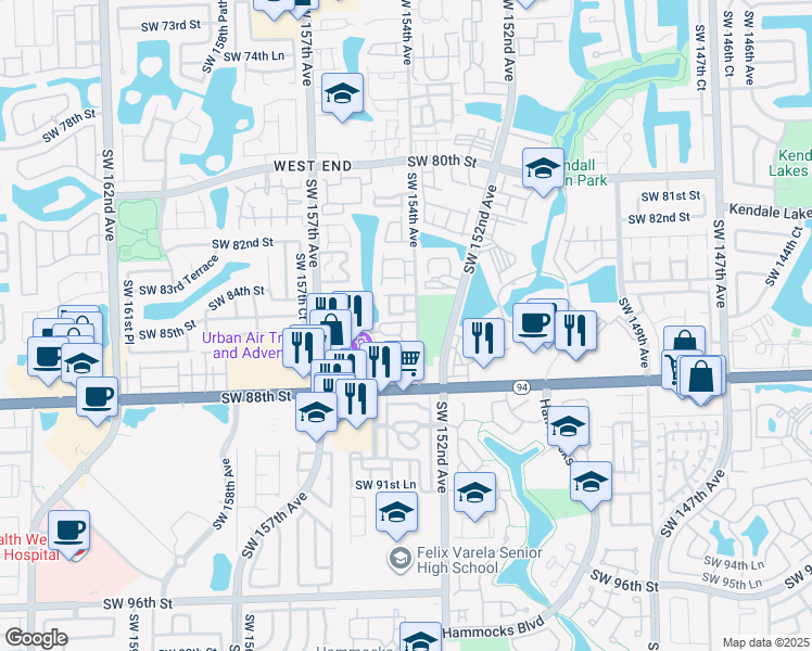 map of restaurants, bars, coffee shops, grocery stores, and more near 411 Southwest 154th Circle Court in Miami
