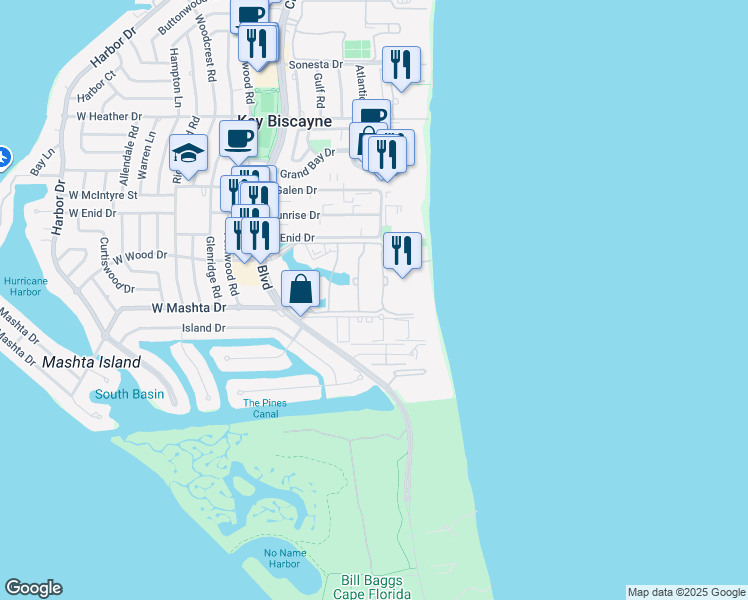 map of restaurants, bars, coffee shops, grocery stores, and more near 795 Crandon Boulevard in Key Biscayne