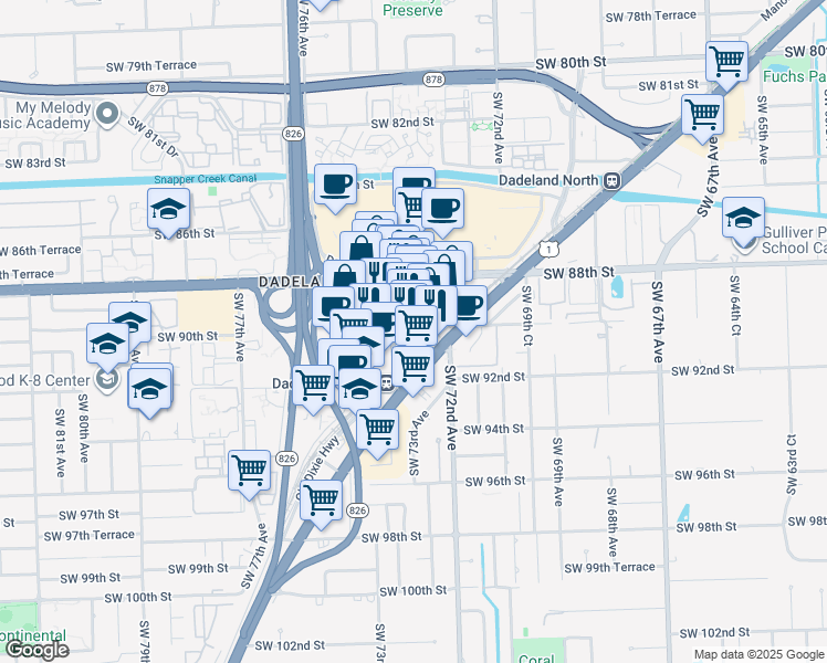 map of restaurants, bars, coffee shops, grocery stores, and more near 8905 Dadeland Boulevard in Kendall