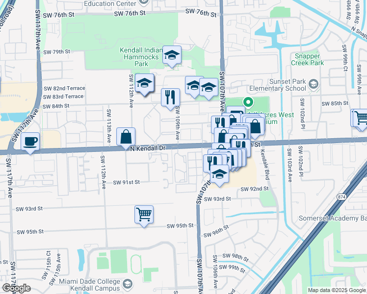 map of restaurants, bars, coffee shops, grocery stores, and more near 10903 Southwest 88th Street in Miami