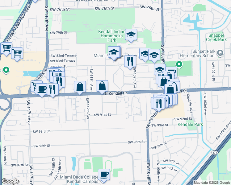 map of restaurants, bars, coffee shops, grocery stores, and more near 11123 Florida 94 in Miami