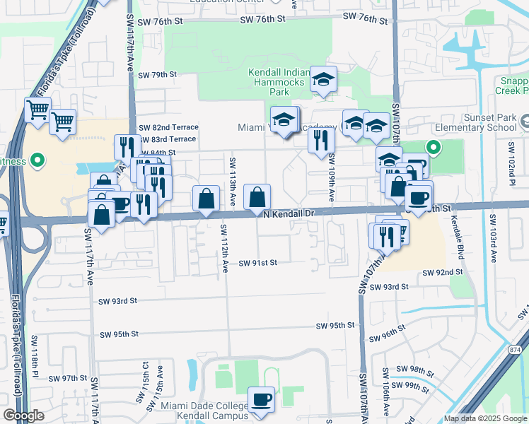 map of restaurants, bars, coffee shops, grocery stores, and more near 11207 North Kendall Drive in Miami
