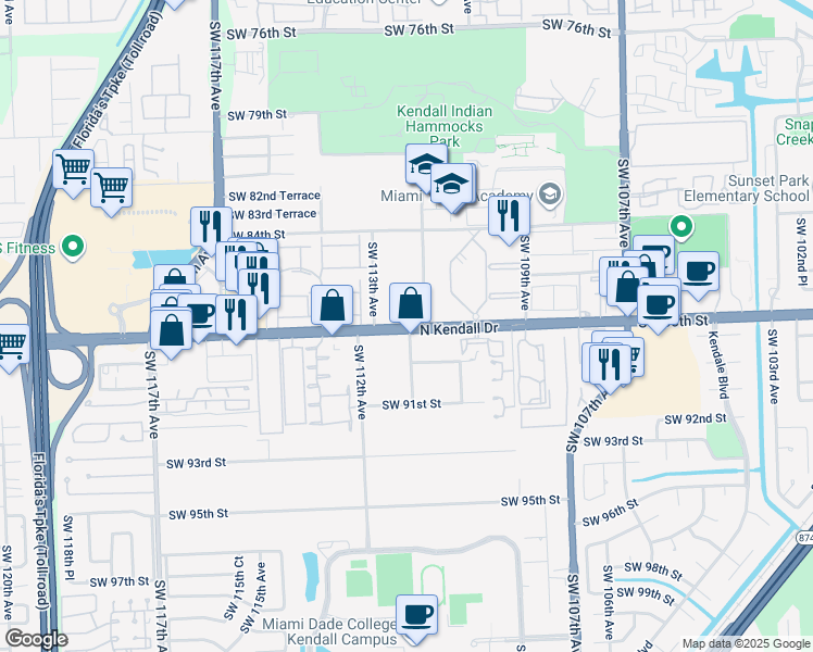map of restaurants, bars, coffee shops, grocery stores, and more near 11207 North Kendall Drive in Miami