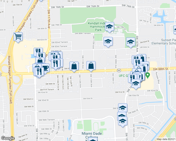 map of restaurants, bars, coffee shops, grocery stores, and more near 11207 North Kendall Drive in Miami
