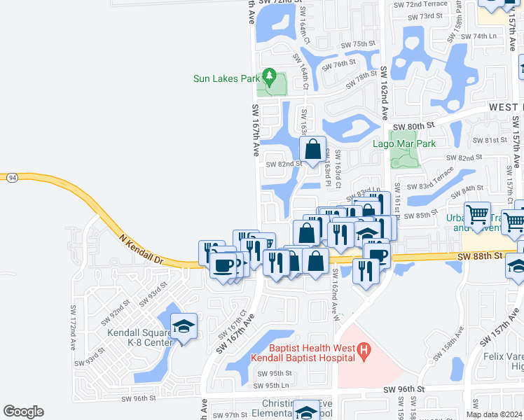 map of restaurants, bars, coffee shops, grocery stores, and more near 16642 Southwest 83rd Lane in Miami