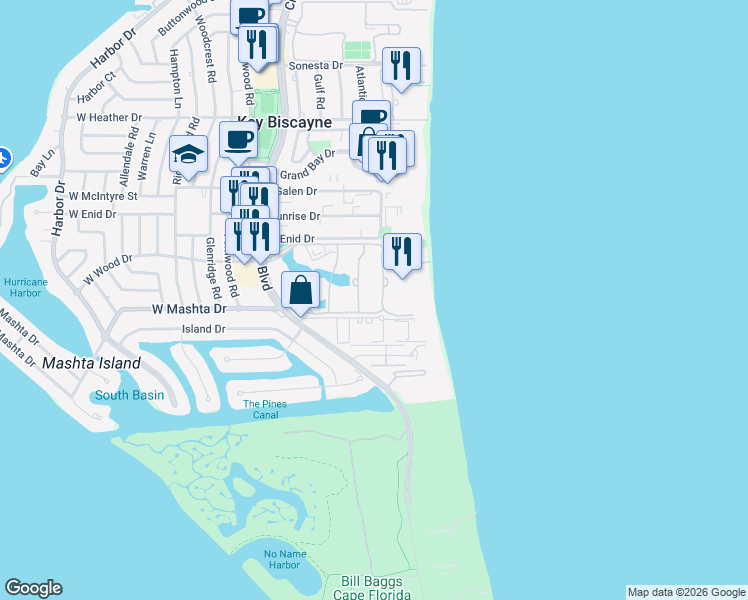 map of restaurants, bars, coffee shops, grocery stores, and more near 789 Crandon Boulevard in Key Biscayne