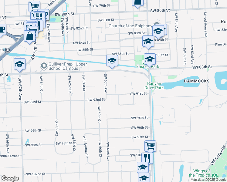 map of restaurants, bars, coffee shops, grocery stores, and more near 9026 Southwest 59th Court in Pinecrest