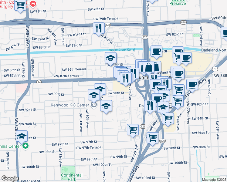 map of restaurants, bars, coffee shops, grocery stores, and more near 7810 Southwest 89th Lane in Miami