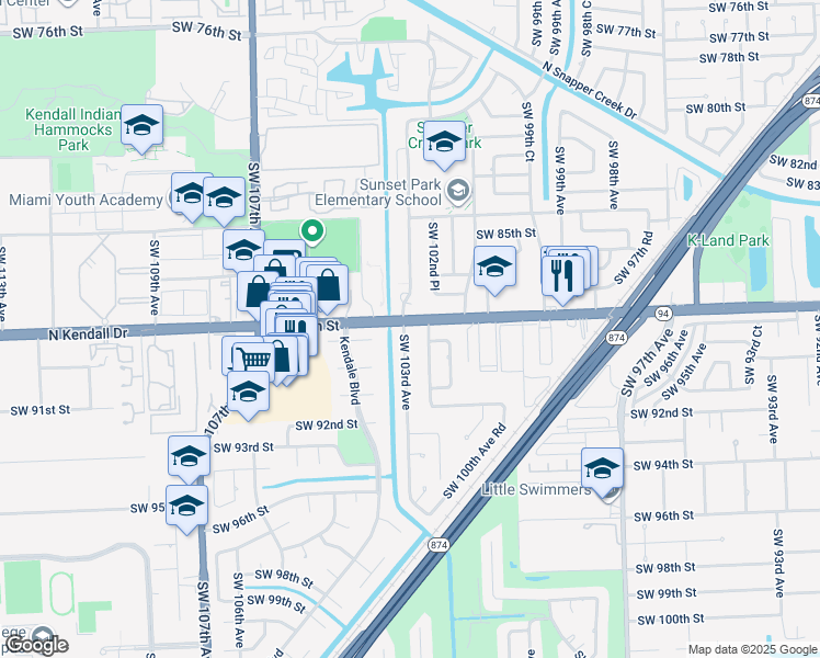 map of restaurants, bars, coffee shops, grocery stores, and more near 8801 Southwest 103rd Avenue in Miami
