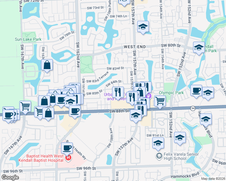 map of restaurants, bars, coffee shops, grocery stores, and more near 15856 Southwest 85th Street in Miami