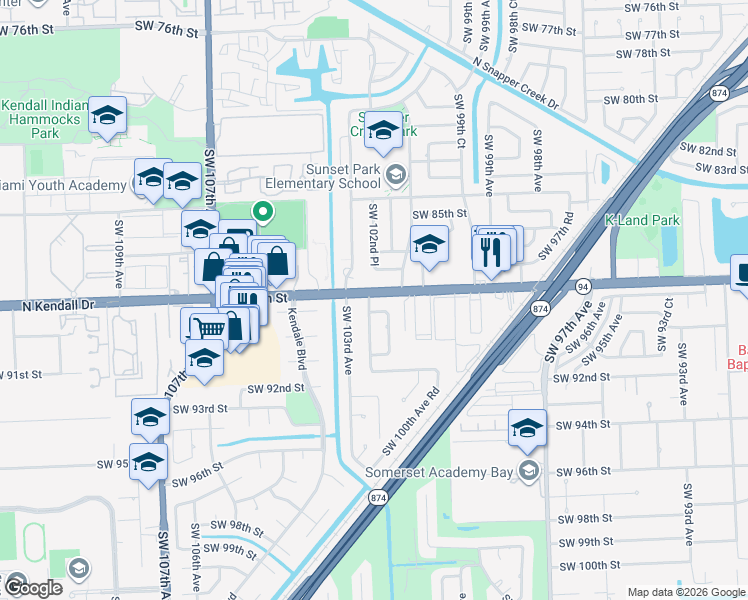 map of restaurants, bars, coffee shops, grocery stores, and more near 10261 North Kendall Drive in Miami