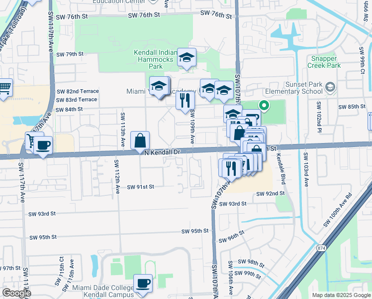 map of restaurants, bars, coffee shops, grocery stores, and more near 10903 Southwest 88th Street in Miami