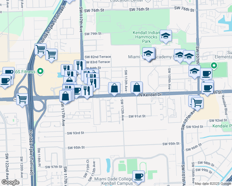 map of restaurants, bars, coffee shops, grocery stores, and more near 11375 Southwest 87th Terrace in Miami