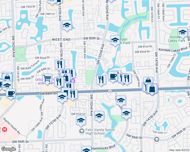 map of restaurants, bars, coffee shops, grocery stores, and more near 8394 Southwest 152nd Avenue Circle in Miami