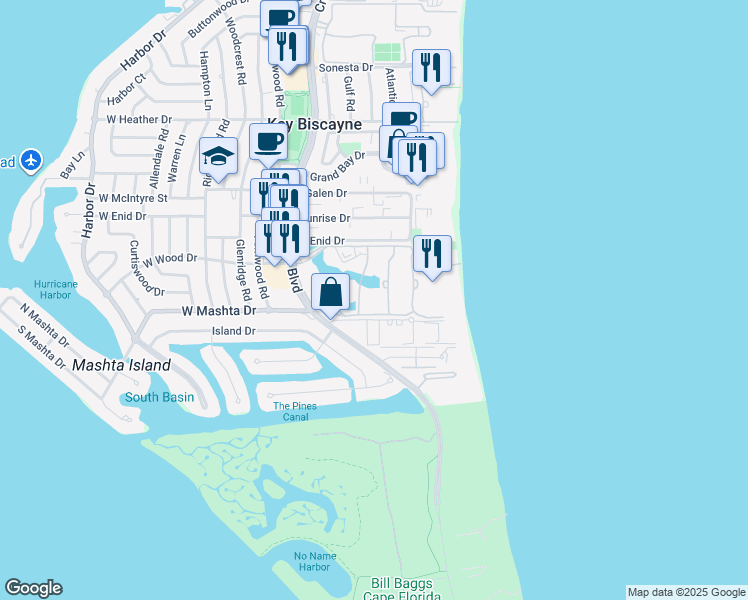 map of restaurants, bars, coffee shops, grocery stores, and more near 785 Crandon Boulevard in Key Biscayne