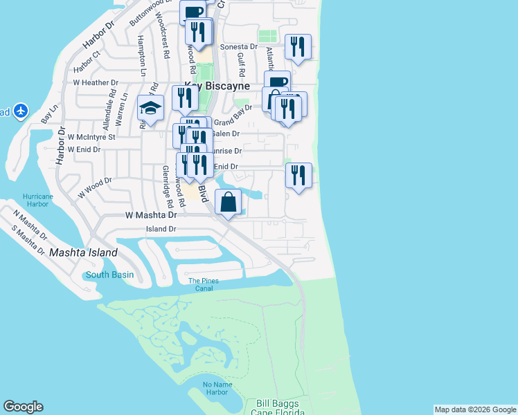 map of restaurants, bars, coffee shops, grocery stores, and more near 785 Crandon Boulevard in Key Biscayne