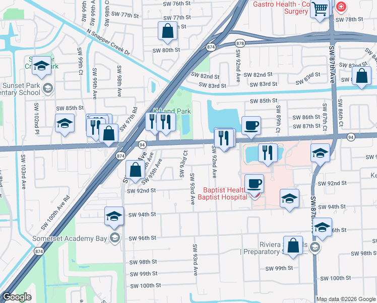 map of restaurants, bars, coffee shops, grocery stores, and more near 9311 Southwest 88th Terrace in Miami