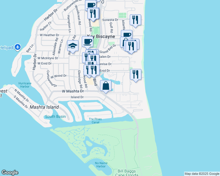 map of restaurants, bars, coffee shops, grocery stores, and more near 749 Crandon Boulevard in Key Biscayne