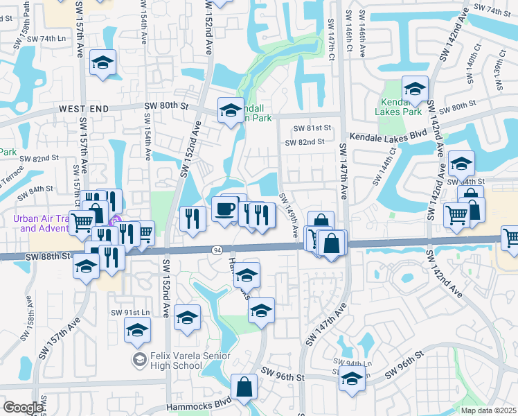map of restaurants, bars, coffee shops, grocery stores, and more near 8465 Hammocks Boulevard in Miami