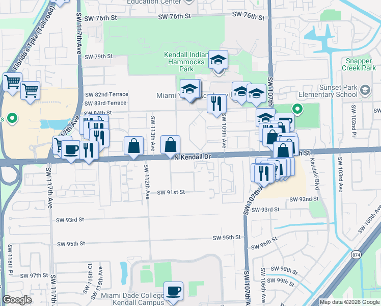 map of restaurants, bars, coffee shops, grocery stores, and more near 11033 Southwest 88th Street in Miami