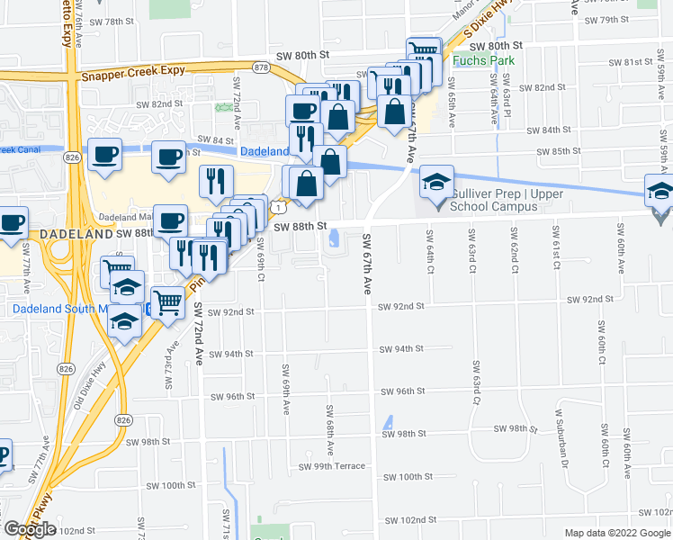 map of restaurants, bars, coffee shops, grocery stores, and more near 9005 Southwest 68th Avenue in Miami