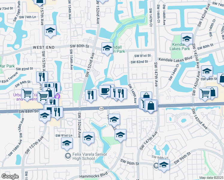 map of restaurants, bars, coffee shops, grocery stores, and more near 8485 Hammocks Boulevard in Miami