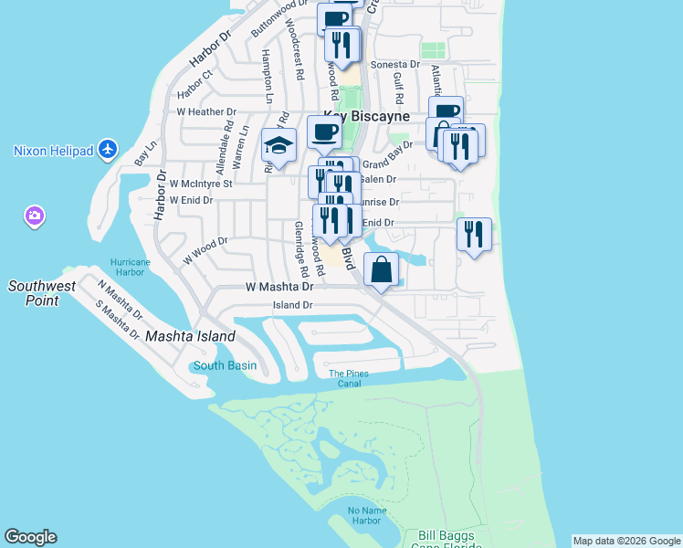 map of restaurants, bars, coffee shops, grocery stores, and more near 726 Crandon Boulevard in Key Biscayne