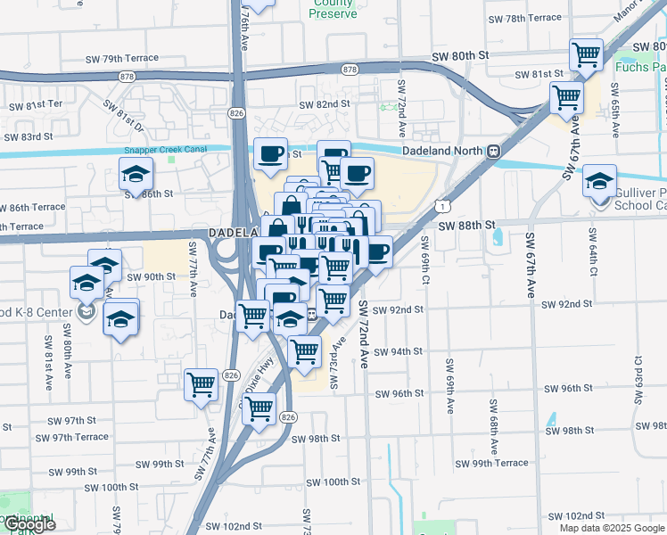 map of restaurants, bars, coffee shops, grocery stores, and more near 8905 Dadeland Boulevard in Kendall