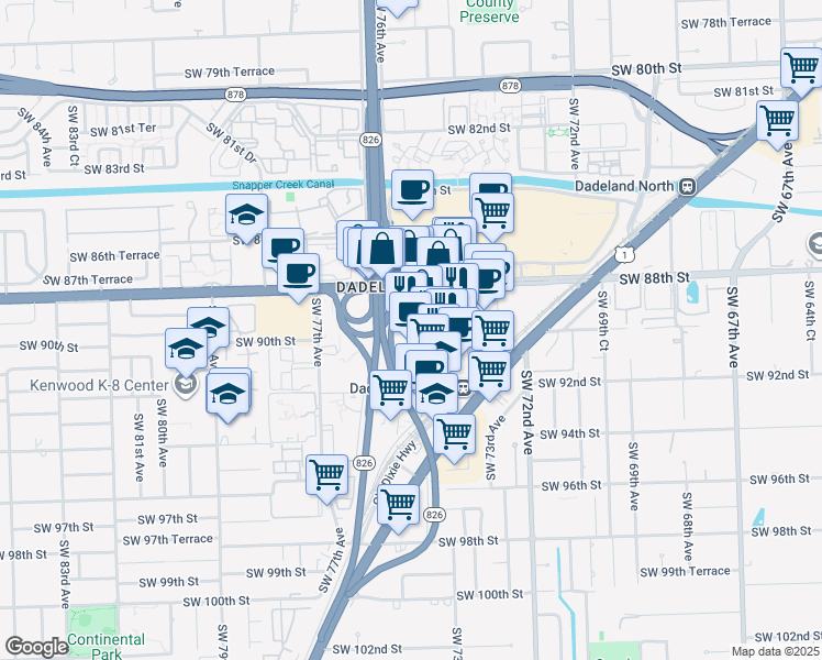 map of restaurants, bars, coffee shops, grocery stores, and more near 8350 Southwest 74th Court in Kendall