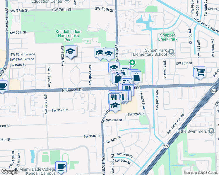 map of restaurants, bars, coffee shops, grocery stores, and more near 10771 North Kendall Drive in Miami