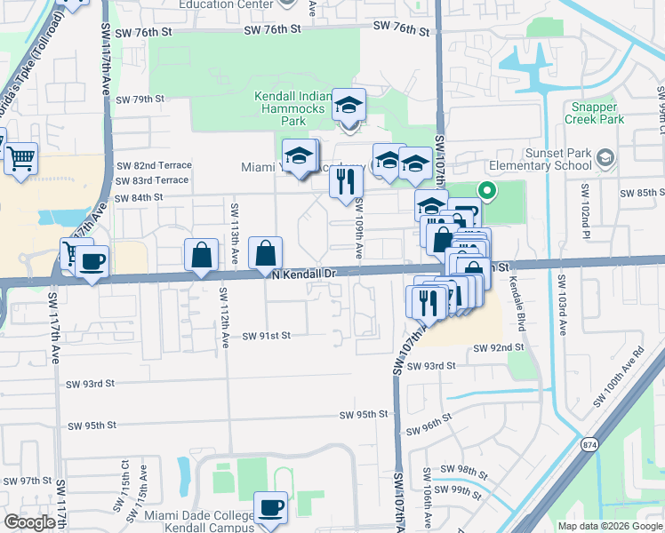 map of restaurants, bars, coffee shops, grocery stores, and more near 11005 Southwest 88th Street in Miami