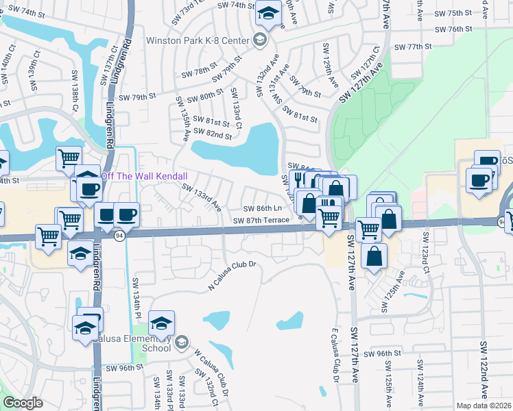 map of restaurants, bars, coffee shops, grocery stores, and more near 8550 Southwest 132nd Place in Miami