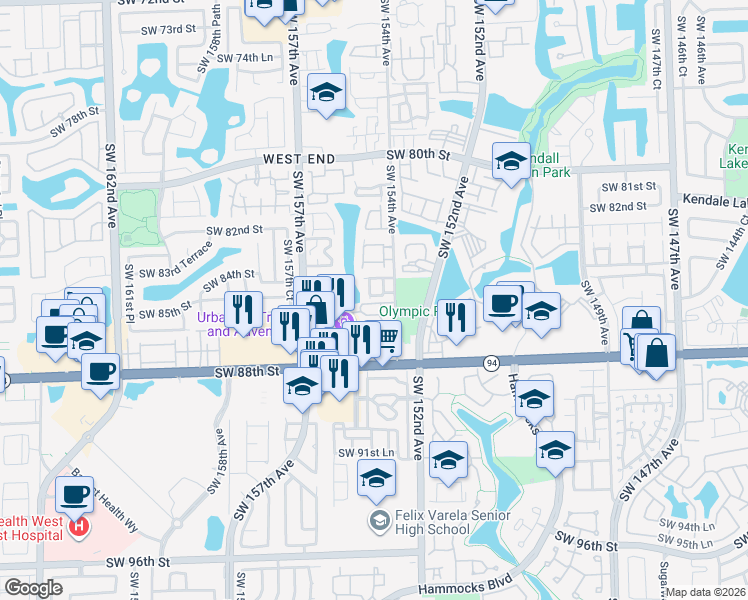 map of restaurants, bars, coffee shops, grocery stores, and more near 8430 Southwest 154th Circle Court in Miami