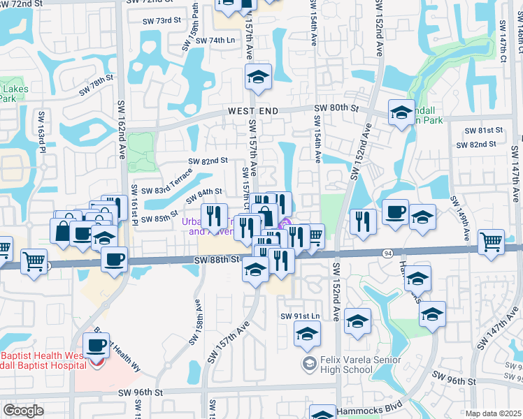 map of restaurants, bars, coffee shops, grocery stores, and more near 8459 Southwest 157th Court in Miami