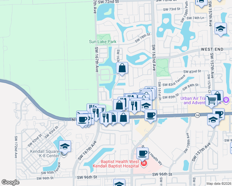 map of restaurants, bars, coffee shops, grocery stores, and more near 16484 Southwest 84th Street in Miami