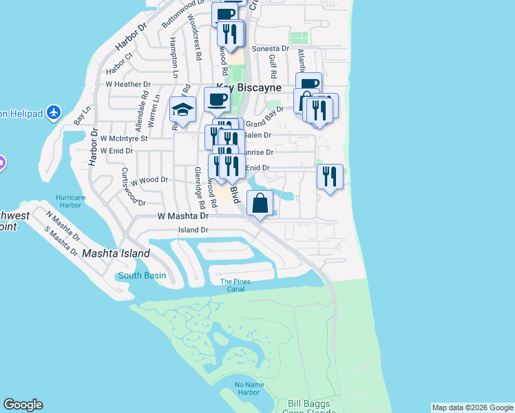 map of restaurants, bars, coffee shops, grocery stores, and more near 737 Crandon Boulevard in Key Biscayne