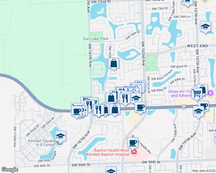 map of restaurants, bars, coffee shops, grocery stores, and more near 16484 Southwest 84th Street in Miami