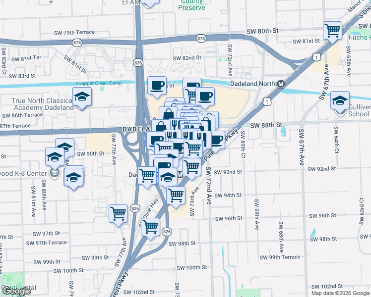 map of restaurants, bars, coffee shops, grocery stores, and more near 8905 Dadeland Boulevard in Kendall