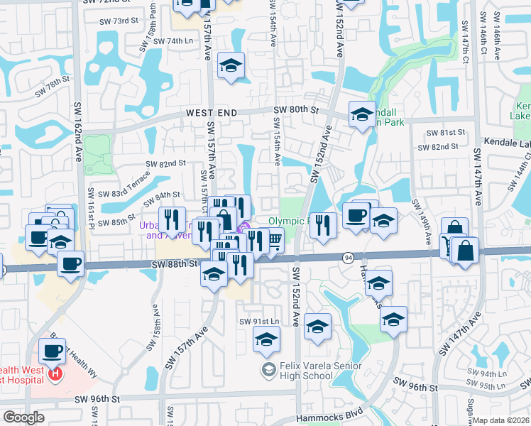 map of restaurants, bars, coffee shops, grocery stores, and more near 8430 Southwest 154th Circle Court in Miami