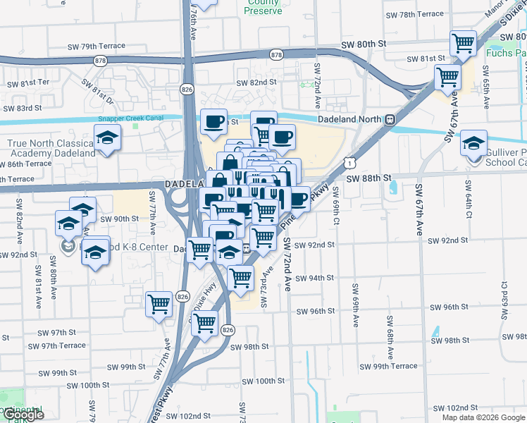 map of restaurants, bars, coffee shops, grocery stores, and more near 8905 Dadeland Boulevard in Kendall
