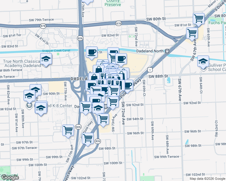 map of restaurants, bars, coffee shops, grocery stores, and more near 8905 Dadeland Boulevard in Kendall