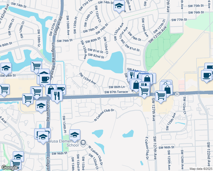 map of restaurants, bars, coffee shops, grocery stores, and more near 8545 Southwest 133rd Court in Miami
