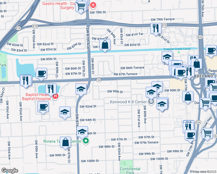 map of restaurants, bars, coffee shops, grocery stores, and more near 8375 Southwest 89th Street in Miami