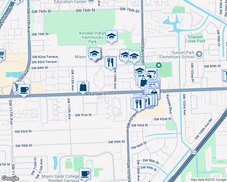 map of restaurants, bars, coffee shops, grocery stores, and more near 10903 Southwest 88th Street in Miami