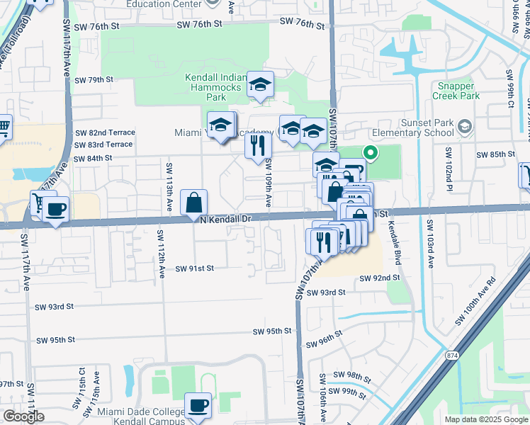 map of restaurants, bars, coffee shops, grocery stores, and more near 10901 North Kendall Drive in Miami