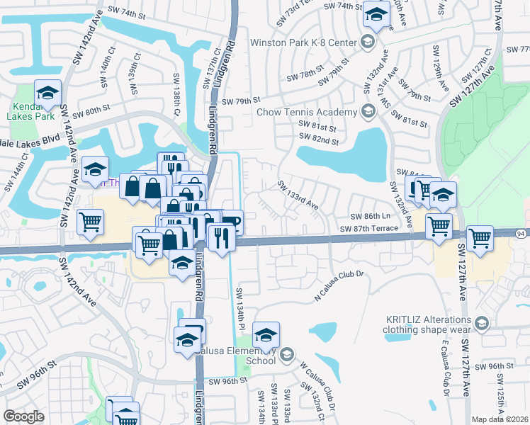 map of restaurants, bars, coffee shops, grocery stores, and more near 8508 Southwest 133rd Avenue in Miami